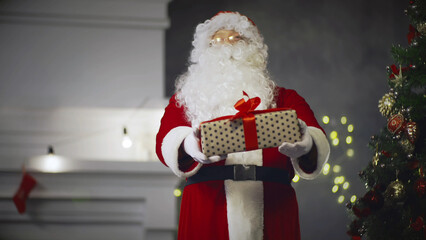 Santa Claus holding in present on background of Christmas tree