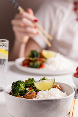 Dinner with asian teriyaki chicken with rice