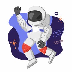 A cheerful astronaut in a suit waves his hand on a blue abstract background with stars. A man studying space. A symbol for a children's book, a children's room decor, a sticker. Vector illustration
