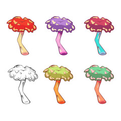 Fototapeta na wymiar Hand drawn mushrooms. Vector illustration collection of colorful raw fungus isolated on white background. Fantasy, toxic mushrooms