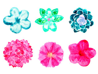 Watercolor set of cartoon brightly colored flowers and plants.