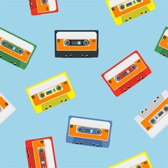 Cassette Seamless Pattern. Vector seamless pattern or background with cassettes
