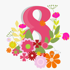 Postcard for March 8 from flowers. Celebration. Beautiful figures.
