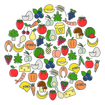 Circle healthy organic food concept. Round composition fruits and vegetables icons. Nutrition template isolated vector illustration