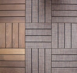 Tiles of wood or wood covered for outdoor floors, garden or backyard. Samples. Closeup.  