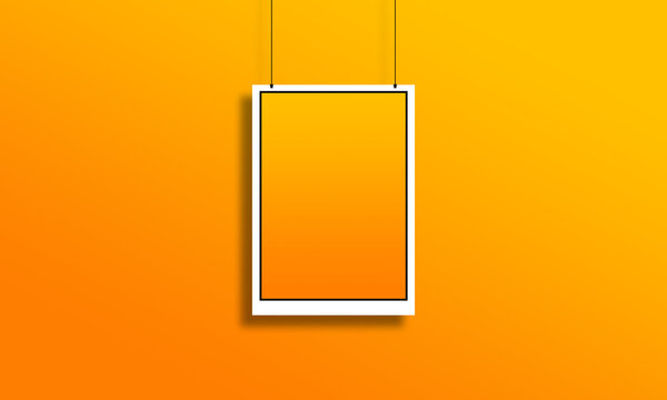 Minimal Style Poster Frame.   Picture  Mockup Hanging on Orange Gradient background.  Trendy Template 