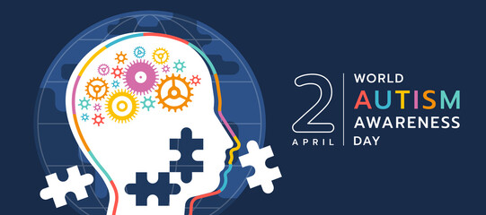 Wolrd Autism Awareness Day - white puzzle head with colorful gears brain and colorful line head around on circle globe vector design