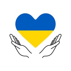 Save Ukraine. Hands holding a heart in blue and yellow tones. Vector Illustration.