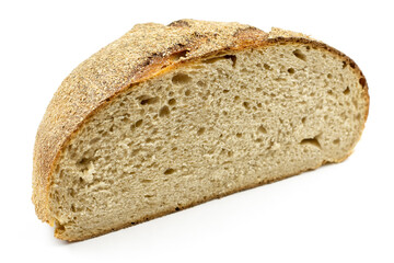 Half a delicious whole-grain bread on a white isolated background close-up. Texture of healthy...