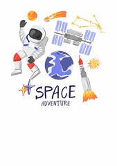 Decorative art print with astronauts, spaceship, moon, rocket, planet earth and stars isolated on white. Banner template about adventures in space. Space party poster. Cartoon vector illustration