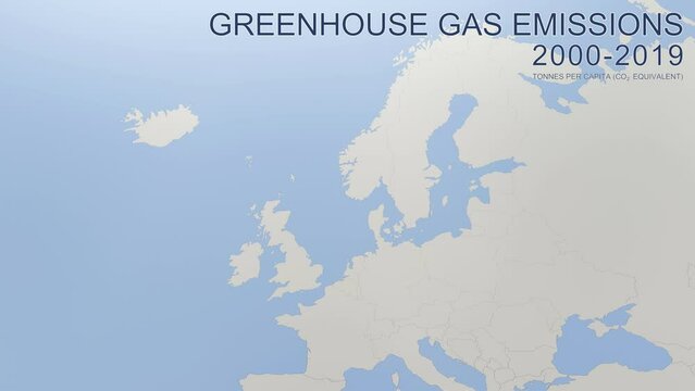 Greenhouse gas emissions in  Sweden from 2000 to 2019. Values in tonnes per capita (CO2 equivalent). Source data: Eurostat. 3D rendering loop able video with 4K resolution.
