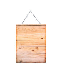Plank wood sign with steel chain hanging isolated on white background , clipping path