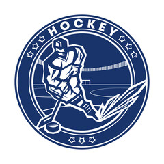 hockey player in motion, with a puck and a stick in the hockey arena. Round monochrome emblem. Vector