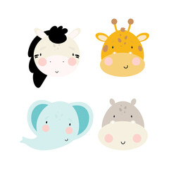 Vector set with African Animals in cartoon style. Zebra, Giraffe, Elephant, Hippo. Good for party invitations, birthday cards, stickers, prints etc.	