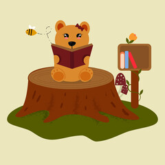 Teddy bear with a book is sitting on a stump. Children's illustration