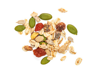 Muesli with Nuts, seeds and dried fruits isolated on white background. Flat lay. Top view.