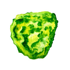 Watercolor green mineral or gem stone isolated on white background. Green healing crystal.