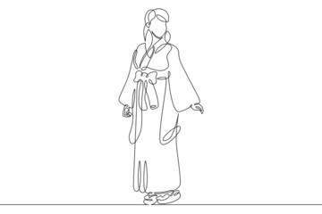 Fototapeta na wymiar One continuous line.Japanese woman in traditional street costume. National dress of Japan.Continuous line drawing.Line Art isolated white background.