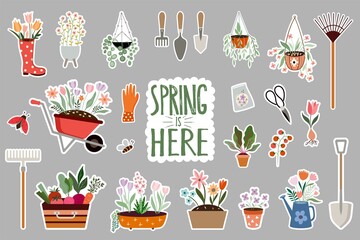 Spring stickers collection with seasonal elements, gardening, tools, plants and flowers  - obrazy, fototapety, plakaty