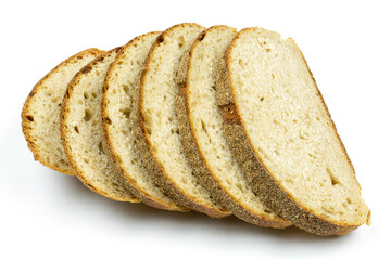 The concept of proper nutrition. Sliced slices of round whole grain bread on a white isolated background. Healthy lifestyle.
