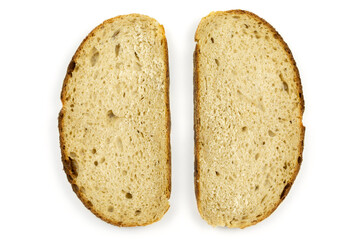 Sliced slices of round whole-grain bread on a white isolated background. Healthy lifestyle. The concept of proper nutrition.