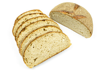 Half and sliced slices of healthy round whole-grain bread on a white isolated background. The concept of proper nutrition. Healthy lifestyle.