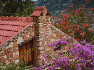 Fototapeta na wymiar Travel and tourist attractions at Kekova island, Turkey. beautiful clay house with bougainvillea flowers