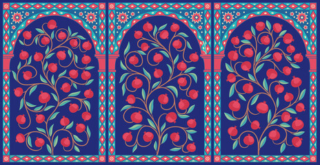 Decorative ornament pomegranate trees. Oriental decor. Curly branches with fruits