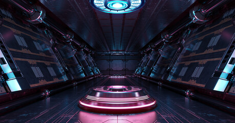 Blue and pink spaceship interior with projector. Futuristic corridor in space station with glowing neon lights background. 3d rendering © sdecoret