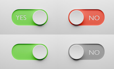 YES and NO toggle switch buttons set. Switch design for app or website. 3d render