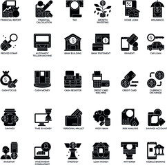 Banking black and white flat vector icon collection set