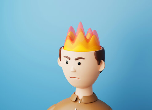Angry man. Fire from the head of a man as a symbol of anger and stress. 3d render
