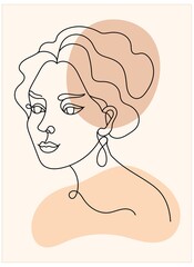 Abstract poster with minimal woman face. One line drawing style. Continuous line art in elegant style for prints, tattoos, posters, textile. Beautiful women face Vector illustration