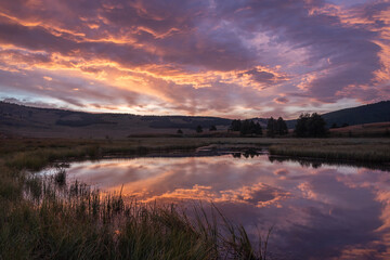 clouds lake mountains sunrise reflection summer