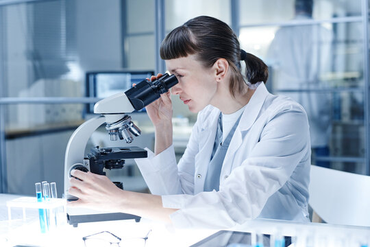 Female scientist in white coat concentrating on her work with analysis, she looking through the microscope at her workplace
