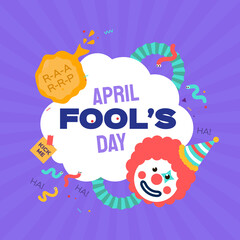 April Fools Day with Clown Character in flat cartoon style. April 1. Present box. Fools' Day Poster. Funny spring holiday.