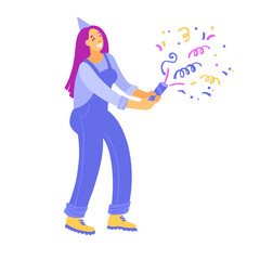 Young woman having fun with confetti celebrating birthday or holiday event wearing cone hat.