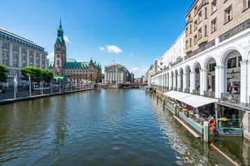 View of the Kleine Alster (Small Alster River) and city hall in summer, Hamburg, Germany 