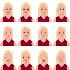 Beautiful blonde woman with different facial expressions. Isolated vector illustration