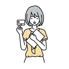 立って書類とカードを手に持つオフィスカジュアルの女性