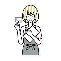 立って書類とカードを手に持つカフェ店員の女性