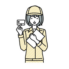 立って書類とカードを手に持つ作業員の女性