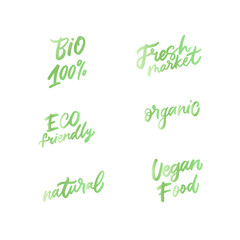 Vegan menu sign for cafe menu. Handmade lettering sticker design with green leaf.