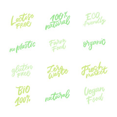 Vegan menu sign for cafe menu. Handmade lettering sticker design with green leaf.