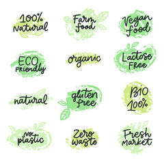 Vegan menu sign for cafe menu. Handmade lettering sticker design with green leaf.