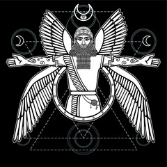 Ancient Assyrian winged deity. Character of Sumerian mythology.  Sacred geometry. Monochrome drawing, vector illustration. Print, posters, t-shirt, textiles. Occultism, alchemy, magic concept.