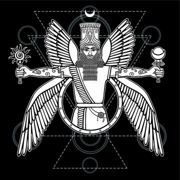 Ancient Assyrian winged deity. Character of Sumerian mythology. Sacred geometry. Monochrome drawing, vector illustration. Print, posters, t-shirt, textiles. Occultism, alchemy, magic concept.