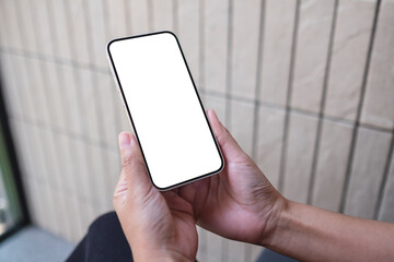 Mockup image of a woman holding and using mobile phone with blank desktop screen
