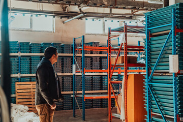 Gold mining storage rock core samples geology drilling industy. Large ore warehouse in modern industry, ores stacked in boxes. Selective focus 
