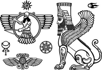 Set of figures of the Assyrian mythology: sphinx, winged god, Solarises.